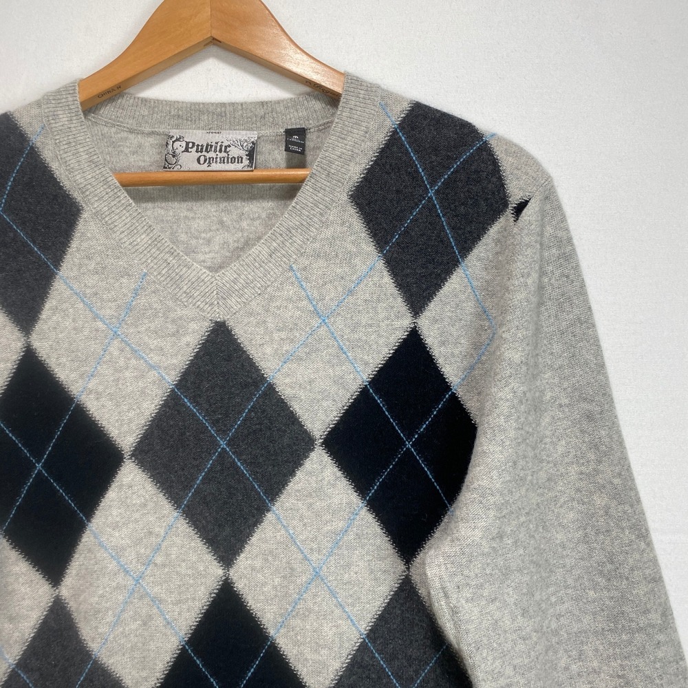 Public Opinion Men's 100% Cashmere‎  Size M Argyle V Neck Sweater  Grey